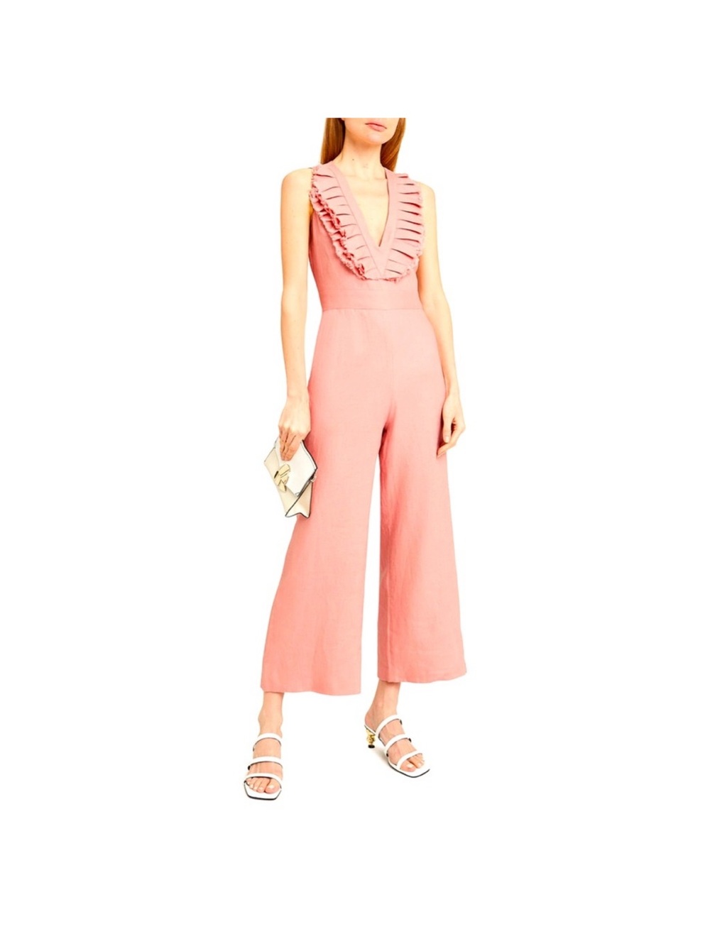 Alexis Odalys Linen Blush Pink Ruffle V-Neck Wide-Leg Jumpsuit Size XS NWOT